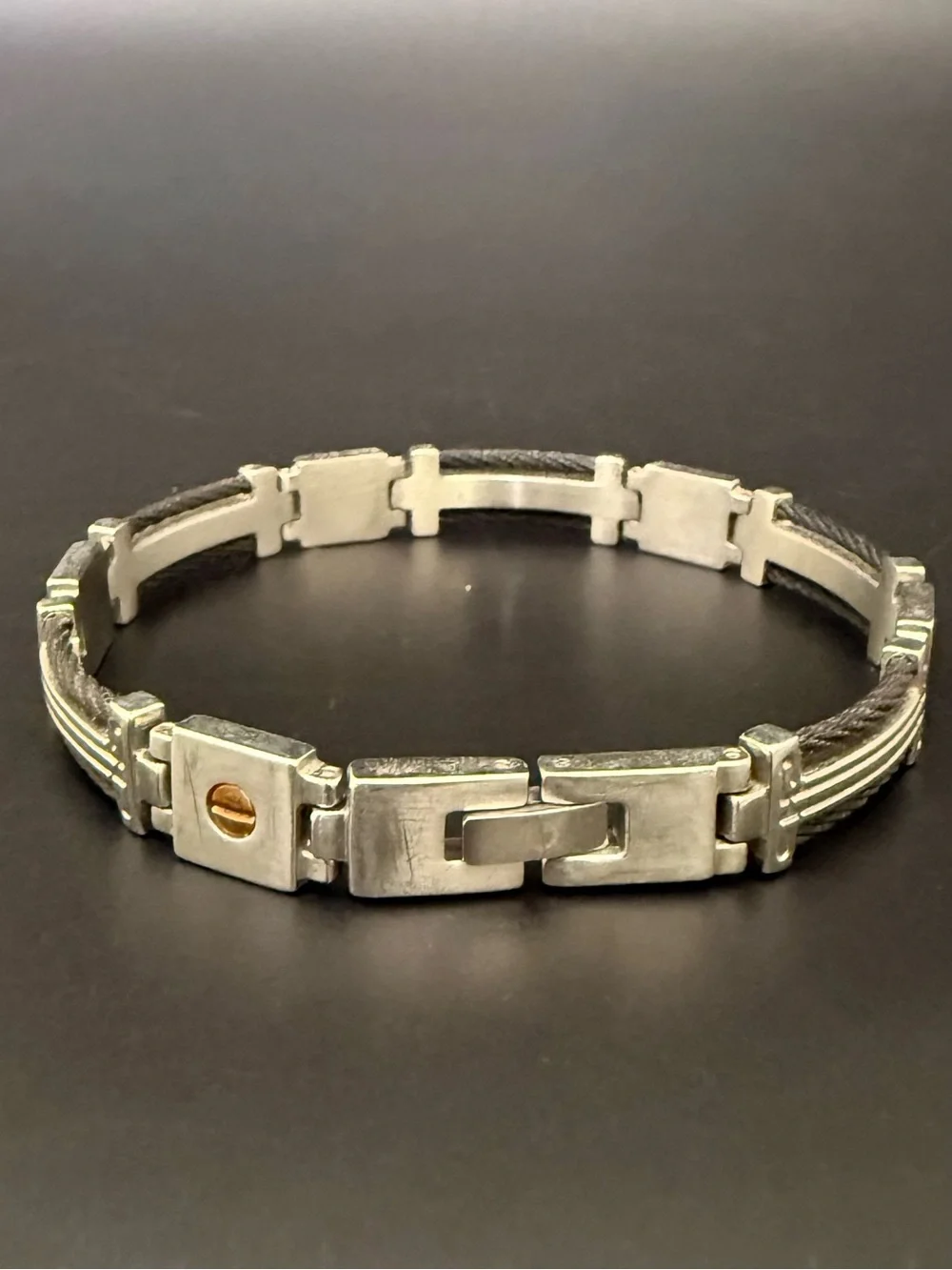 Signed 14K Stainless Steel Black Wire Cable Link Gold Screws 9” Men’s Bracelet